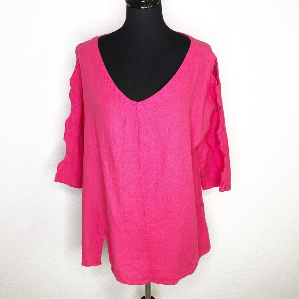 Soft Surroundings bright pink open sleeve v neck top size Petite Extra Large PXL